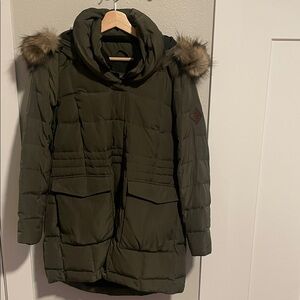 Women's Eddie Bower Olive Green Down Puffer Jacket with Faux Fur Hood
